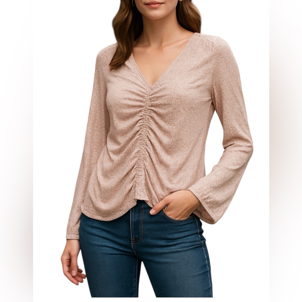 Calvin Klein NWT Blouse Ruched V-Neck Top Pink Light Tan Print Lined Size L